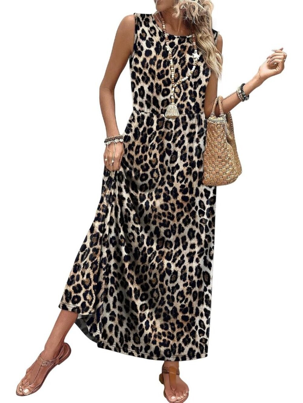Women Cheetah Print Pull On A Line Sleeveless Sundresses Pockets Maxi Dresses